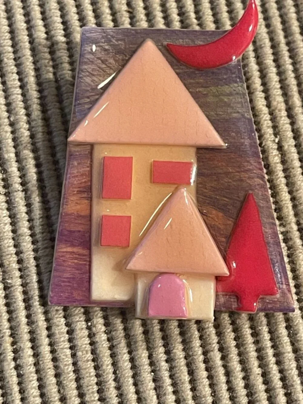 Vtg Lucinda House Brooch Pin With Red Moon Tree & Whimsical Home Design - Unique